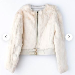 Rare Snow White Rabbit Fur Front Zip Crop Bomber Jacket Coat